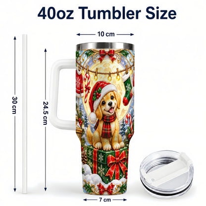 #pl[40oz|White] Christmas Golden Retriever 40oz Tumbler with Handle, Ornate Puppy Art