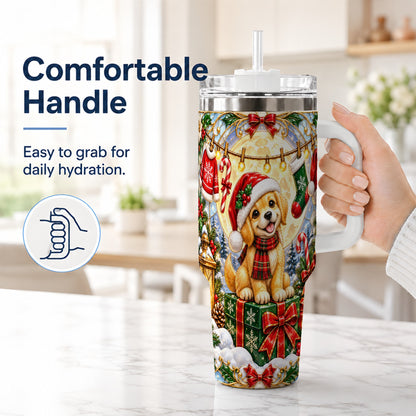 #pl[40oz|White] Christmas Golden Retriever 40oz Tumbler with Handle, Ornate Puppy Art