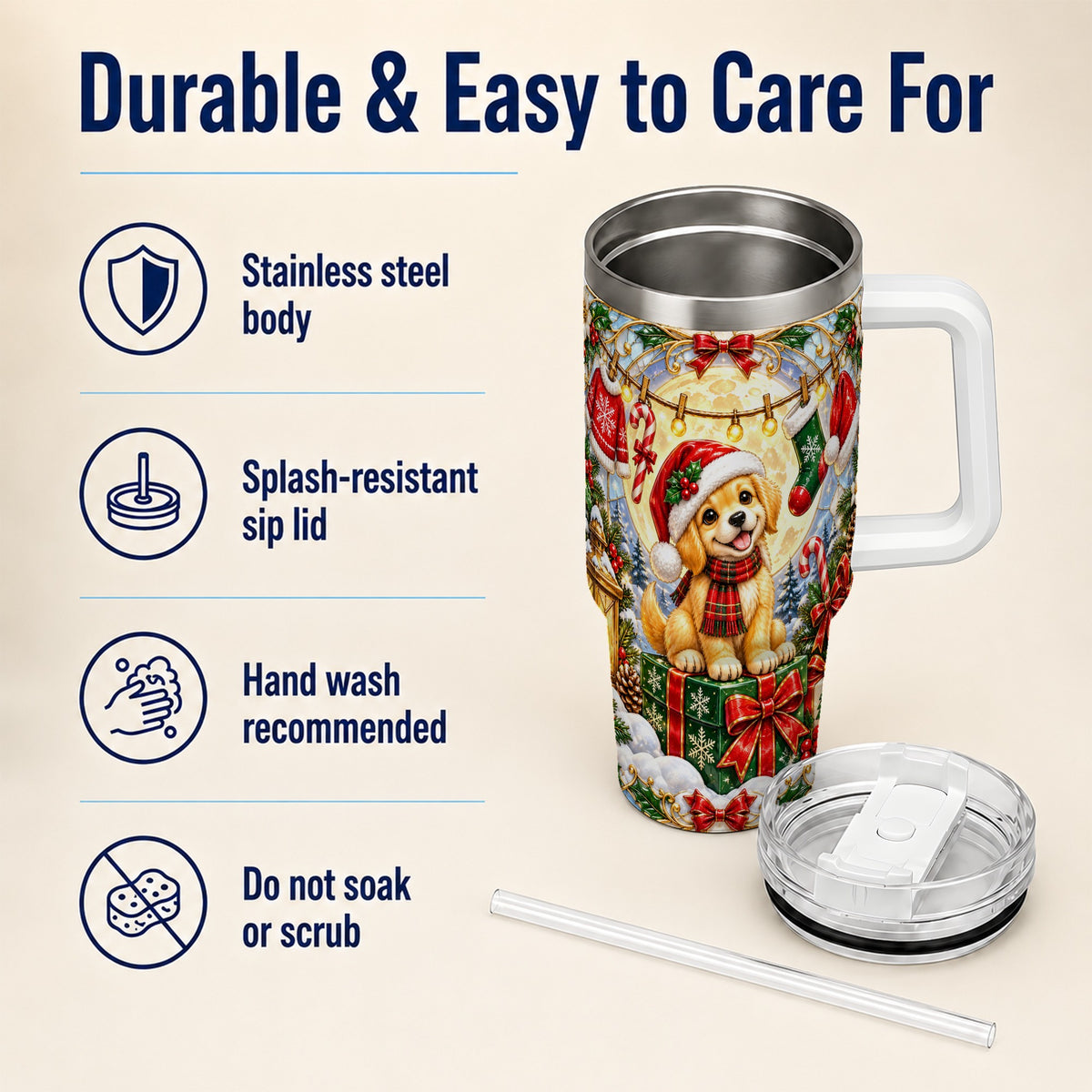 Christmas Golden Retriever 40oz Tumbler with Handle, Ornate Puppy Art
