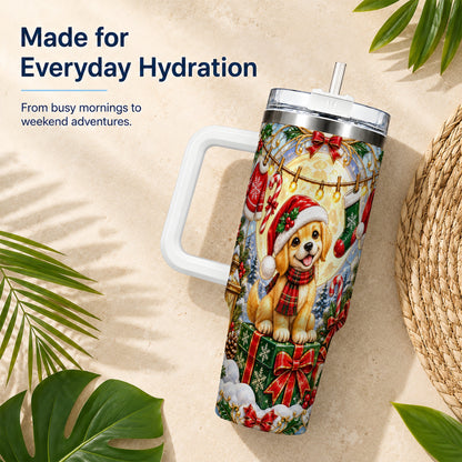 Christmas Golden Retriever 40oz Tumbler with Handle, Ornate Puppy Art