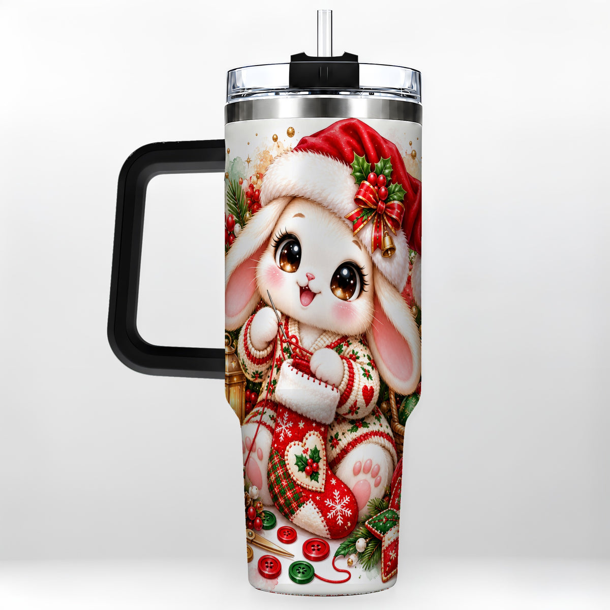 #pl[40oz|Black] Christmas Bunny 40oz Tumbler with Handle, Knitting Rabbit Artwork