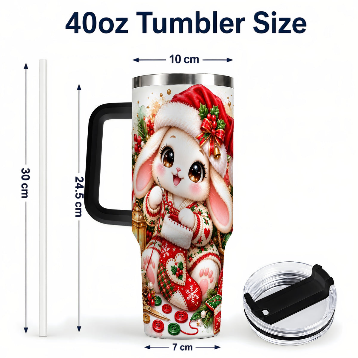 #pl[40oz|Black] Christmas Bunny 40oz Tumbler with Handle, Knitting Rabbit Artwork