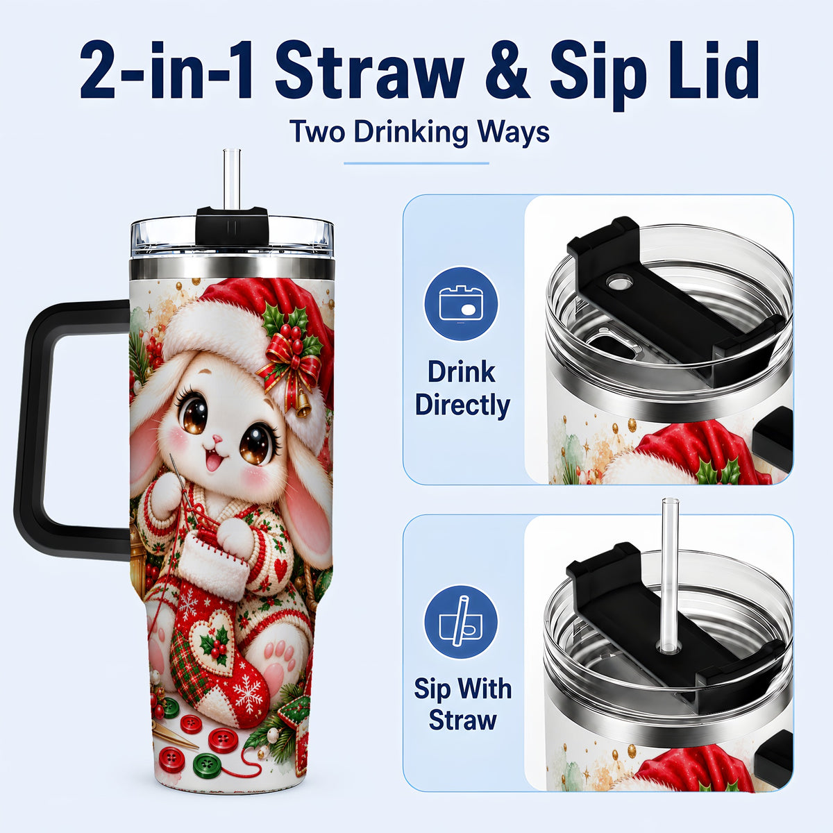 #pl[40oz|Black] Christmas Bunny 40oz Tumbler with Handle, Knitting Rabbit Artwork