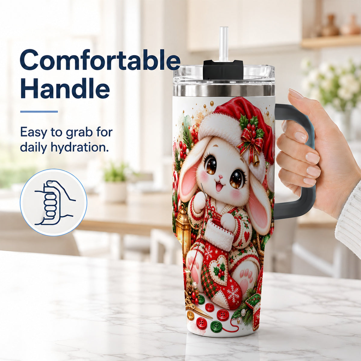 #pl[40oz|Black] Christmas Bunny 40oz Tumbler with Handle, Knitting Rabbit Artwork
