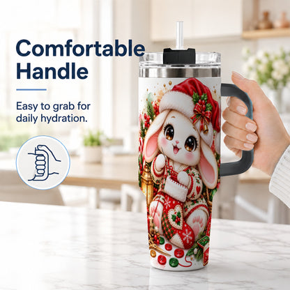 #pl[40oz|Black] Christmas Bunny 40oz Tumbler with Handle, Knitting Rabbit Artwork