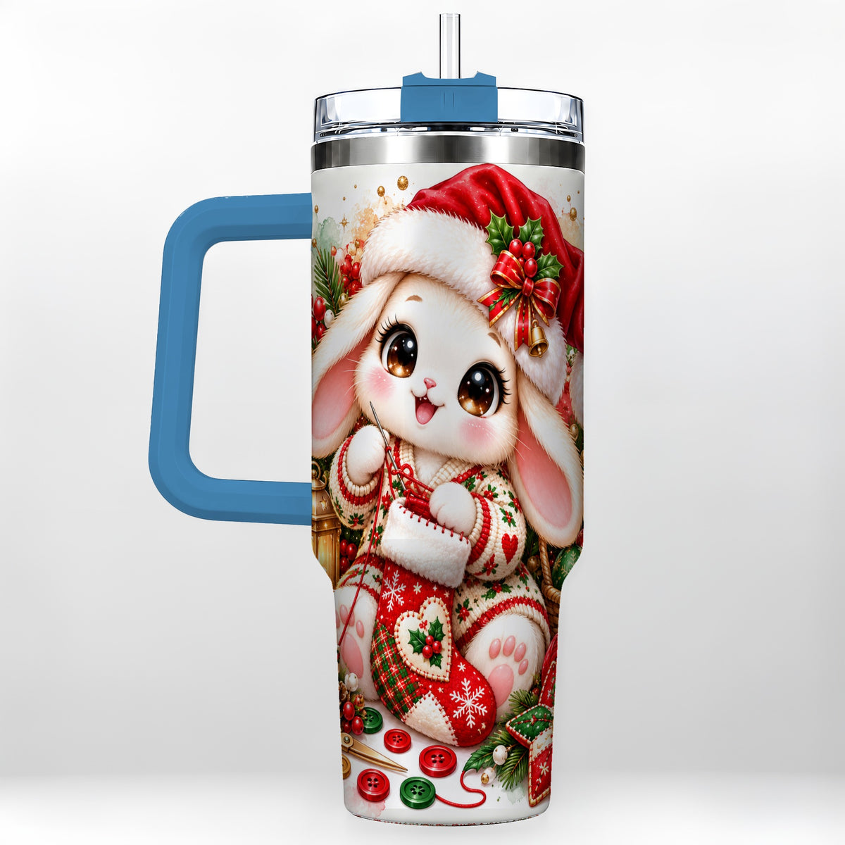 #pl[40oz|Blue] Christmas Bunny 40oz Tumbler with Handle, Knitting Rabbit Artwork