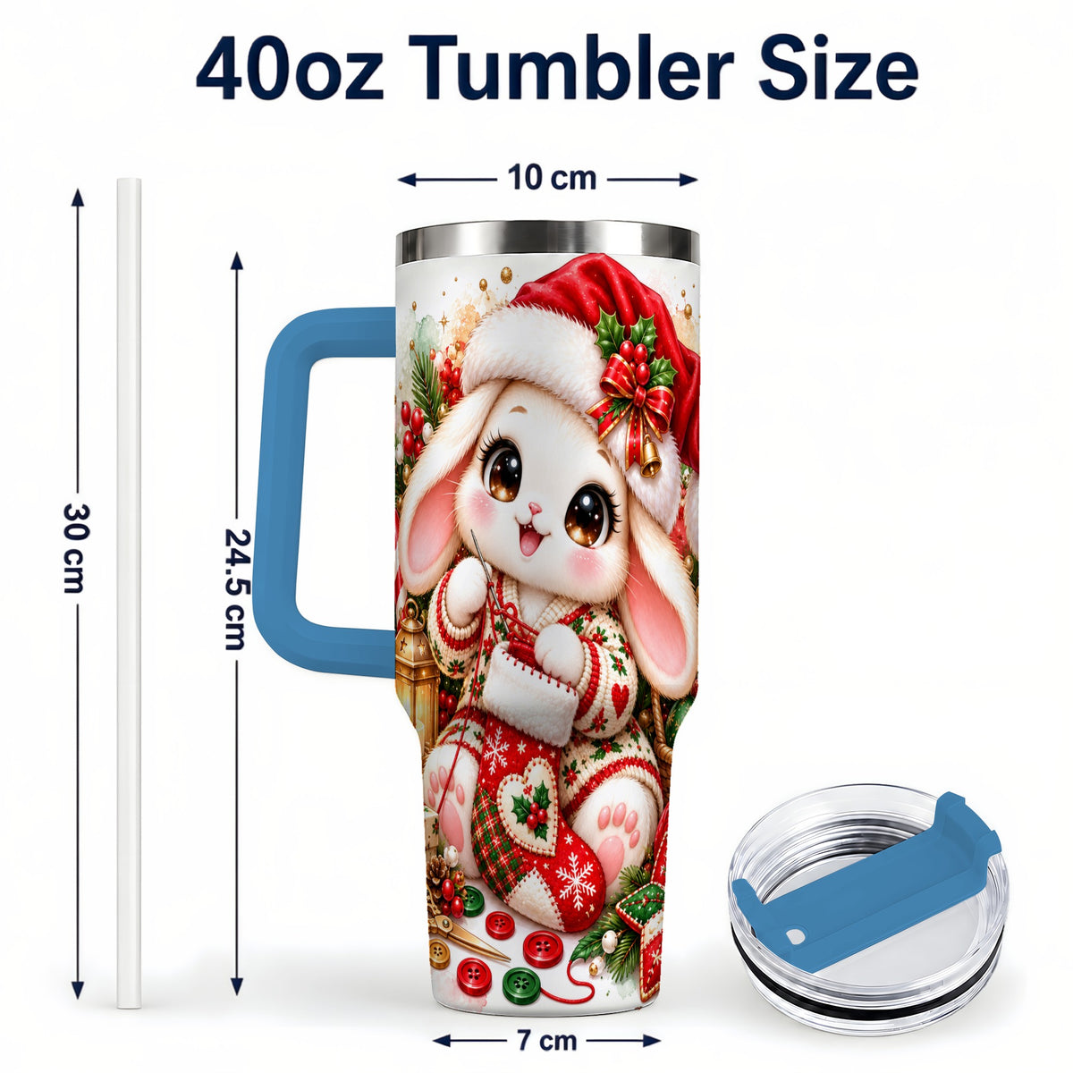 #pl[40oz|Blue] Christmas Bunny 40oz Tumbler with Handle, Knitting Rabbit Artwork