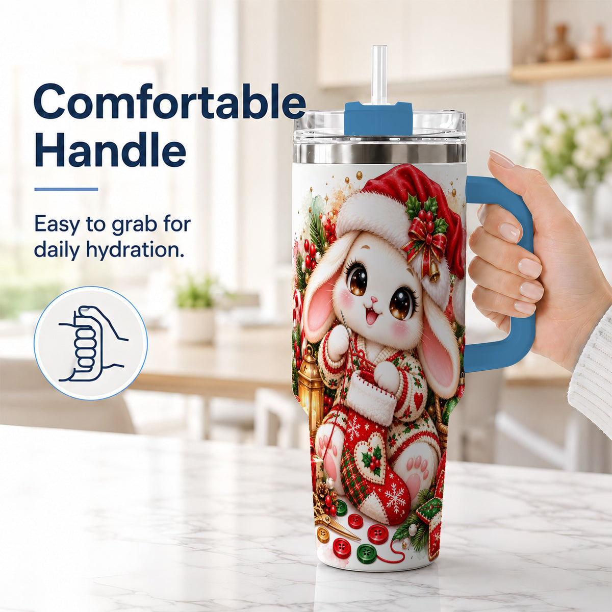 #pl[40oz|Blue] Christmas Bunny 40oz Tumbler with Handle, Knitting Rabbit Artwork