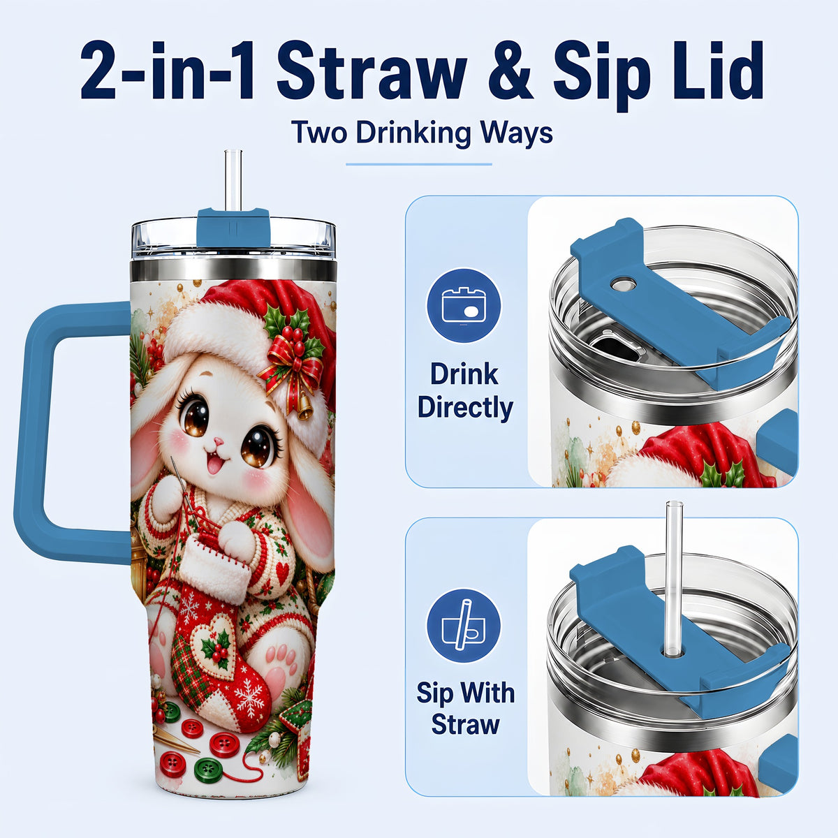 #pl[40oz|Blue] Christmas Bunny 40oz Tumbler with Handle, Knitting Rabbit Artwork