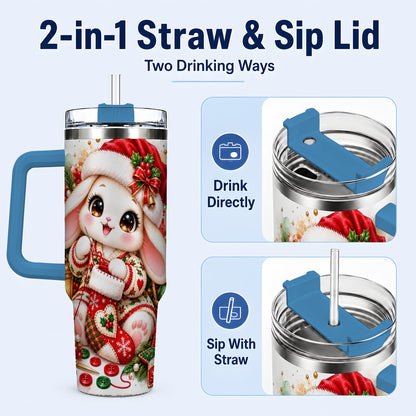 #pl[40oz|Blue] Christmas Bunny 40oz Tumbler with Handle, Knitting Rabbit Artwork