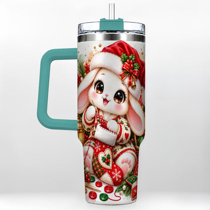 #pl[40oz|Green] Christmas Bunny 40oz Tumbler with Handle, Knitting Rabbit Artwork