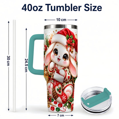 #pl[40oz|Green] Christmas Bunny 40oz Tumbler with Handle, Knitting Rabbit Artwork