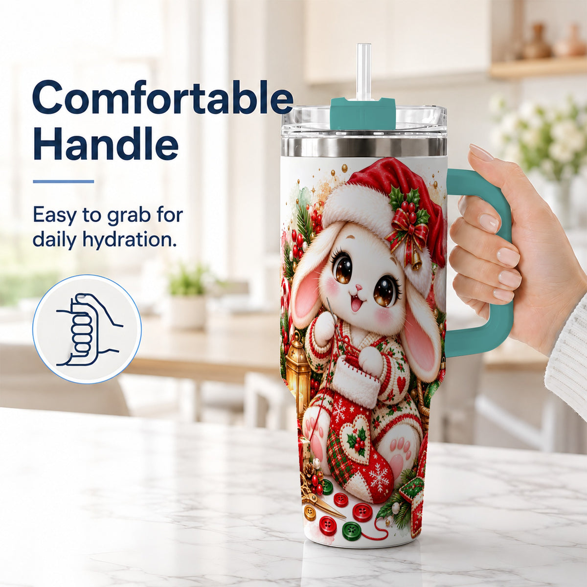 #pl[40oz|Green] Christmas Bunny 40oz Tumbler with Handle, Knitting Rabbit Artwork
