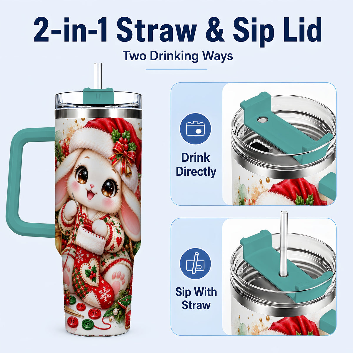 #pl[40oz|Green] Christmas Bunny 40oz Tumbler with Handle, Knitting Rabbit Artwork
