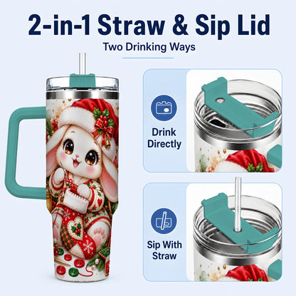 #pl[40oz|Green] Christmas Bunny 40oz Tumbler with Handle, Knitting Rabbit Artwork