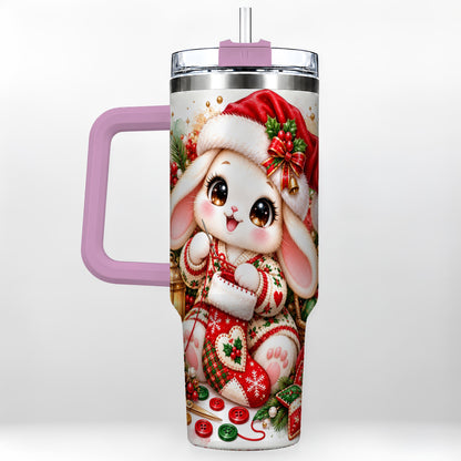#pl[40oz|Pink] Christmas Bunny 40oz Tumbler with Handle, Knitting Rabbit Artwork