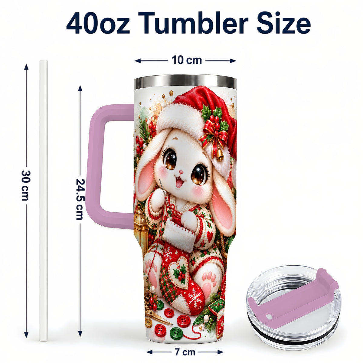 #pl[40oz|Pink] Christmas Bunny 40oz Tumbler with Handle, Knitting Rabbit Artwork