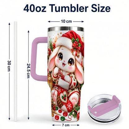 #pl[40oz|Pink] Christmas Bunny 40oz Tumbler with Handle, Knitting Rabbit Artwork