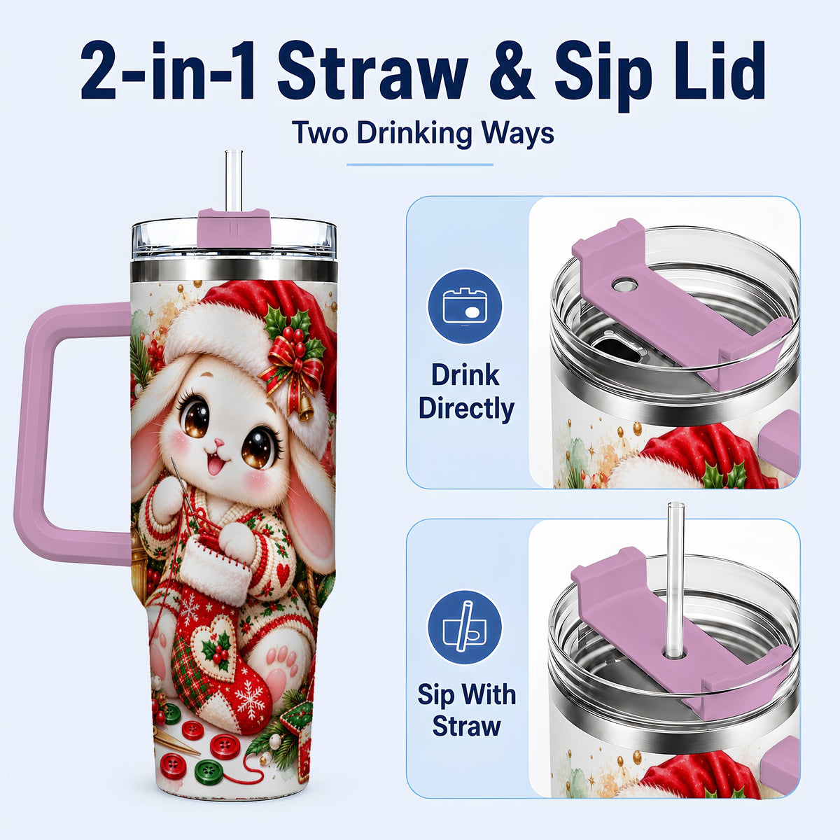 #pl[40oz|Pink] Christmas Bunny 40oz Tumbler with Handle, Knitting Rabbit Artwork