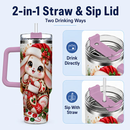 #pl[40oz|Pink] Christmas Bunny 40oz Tumbler with Handle, Knitting Rabbit Artwork