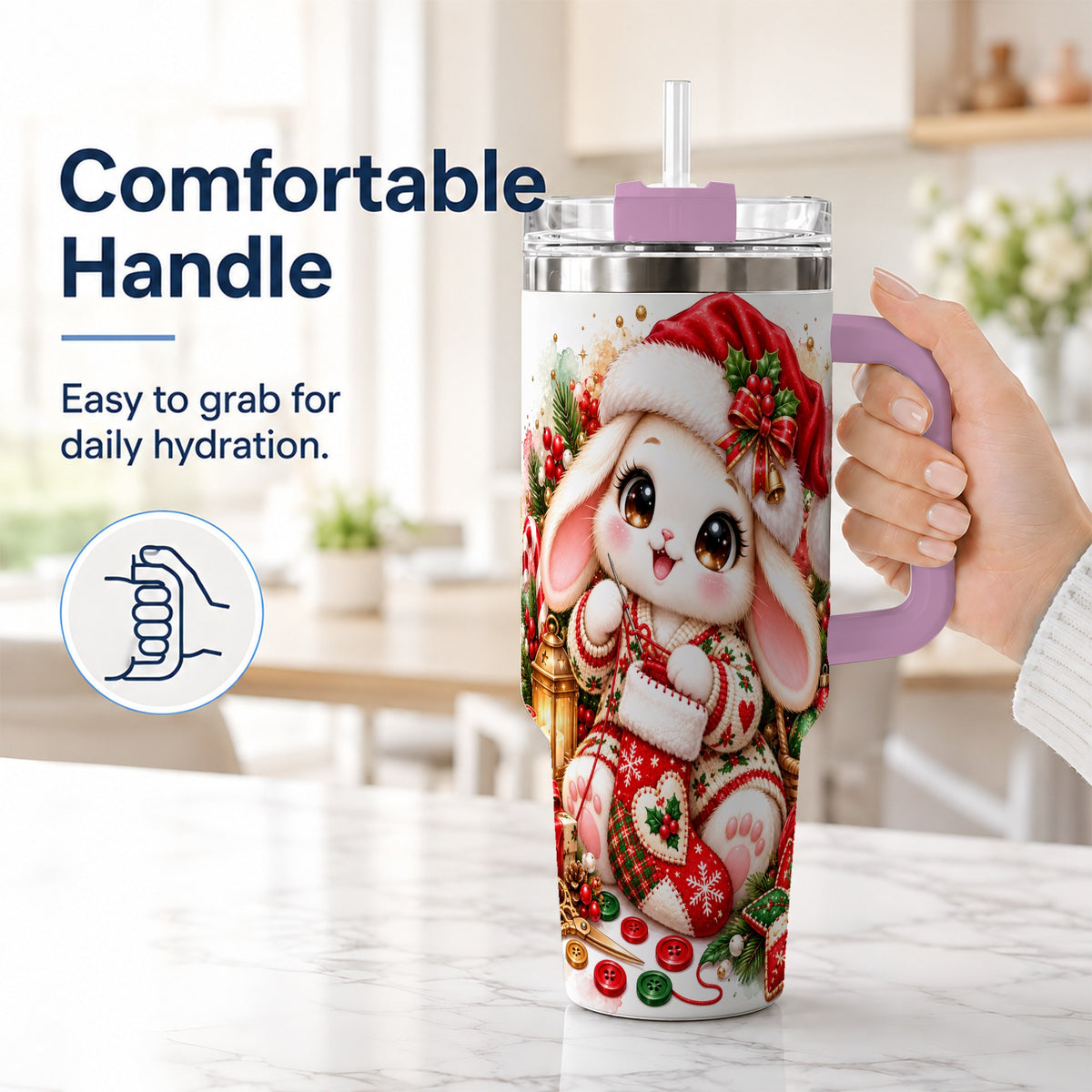 #pl[40oz|Pink] Christmas Bunny 40oz Tumbler with Handle, Knitting Rabbit Artwork