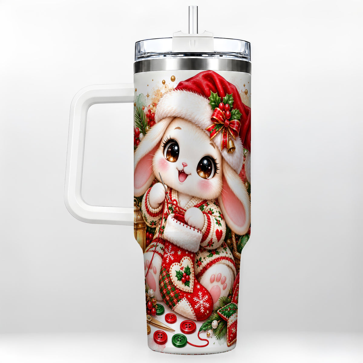 Christmas Bunny 40oz Tumbler with Handle, Knitting Rabbit Artwork