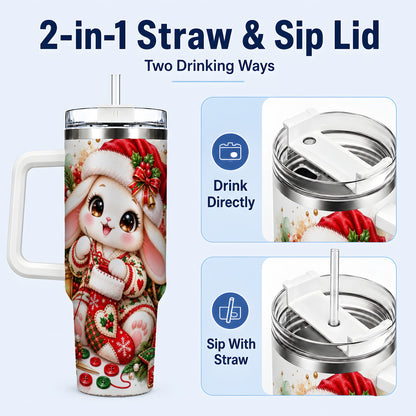 #pl[40oz|White] Christmas Bunny 40oz Tumbler with Handle, Knitting Rabbit Artwork