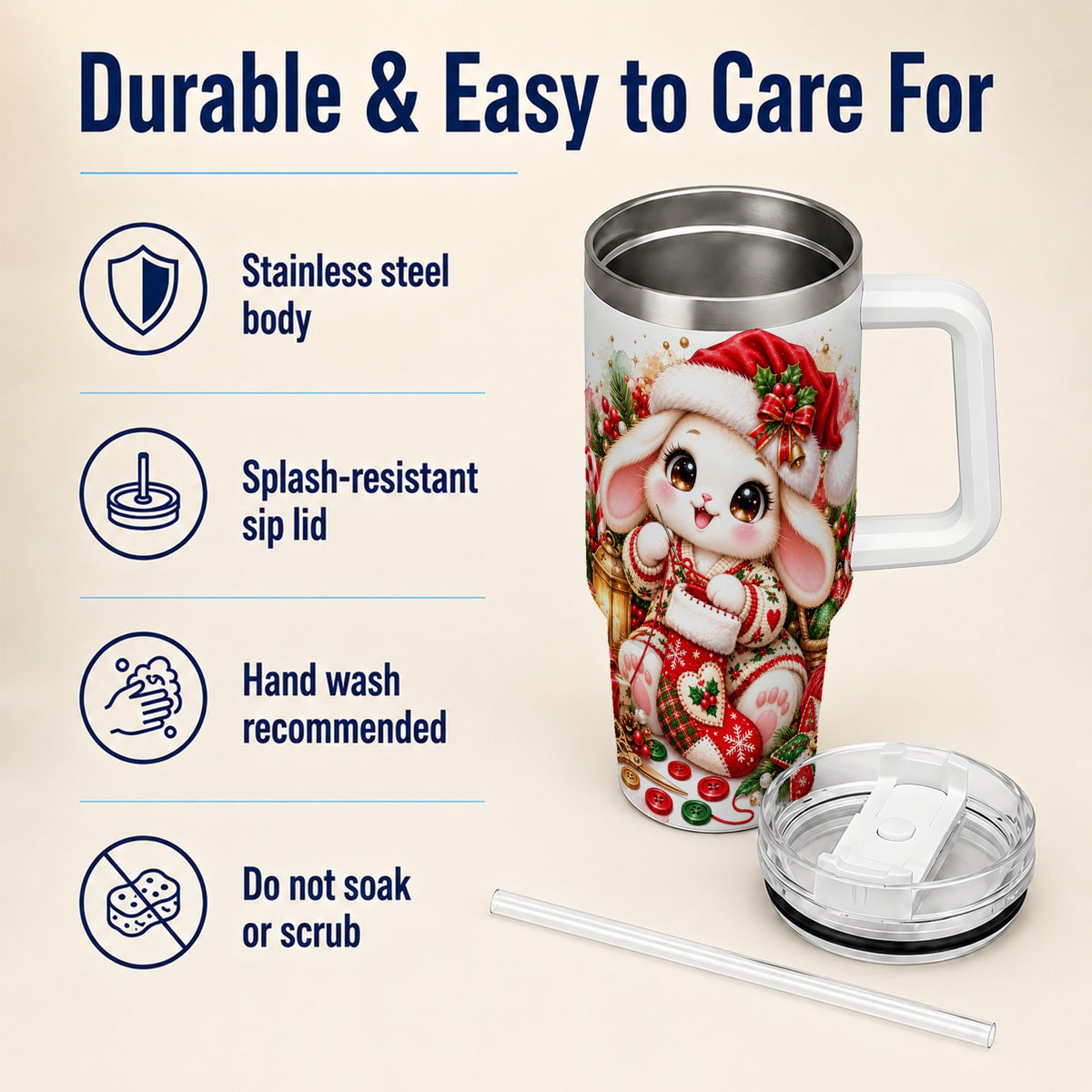 Christmas Bunny 40oz Tumbler with Handle, Knitting Rabbit Artwork