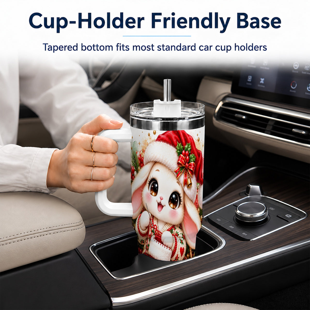 Christmas Bunny 40oz Tumbler with Handle, Knitting Rabbit Artwork