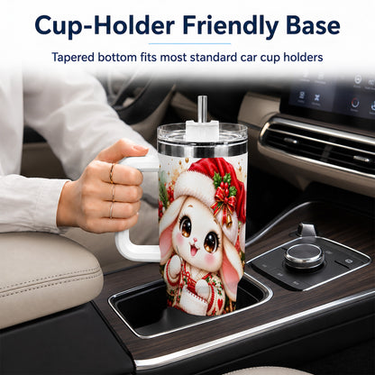 Christmas Bunny 40oz Tumbler with Handle, Knitting Rabbit Artwork