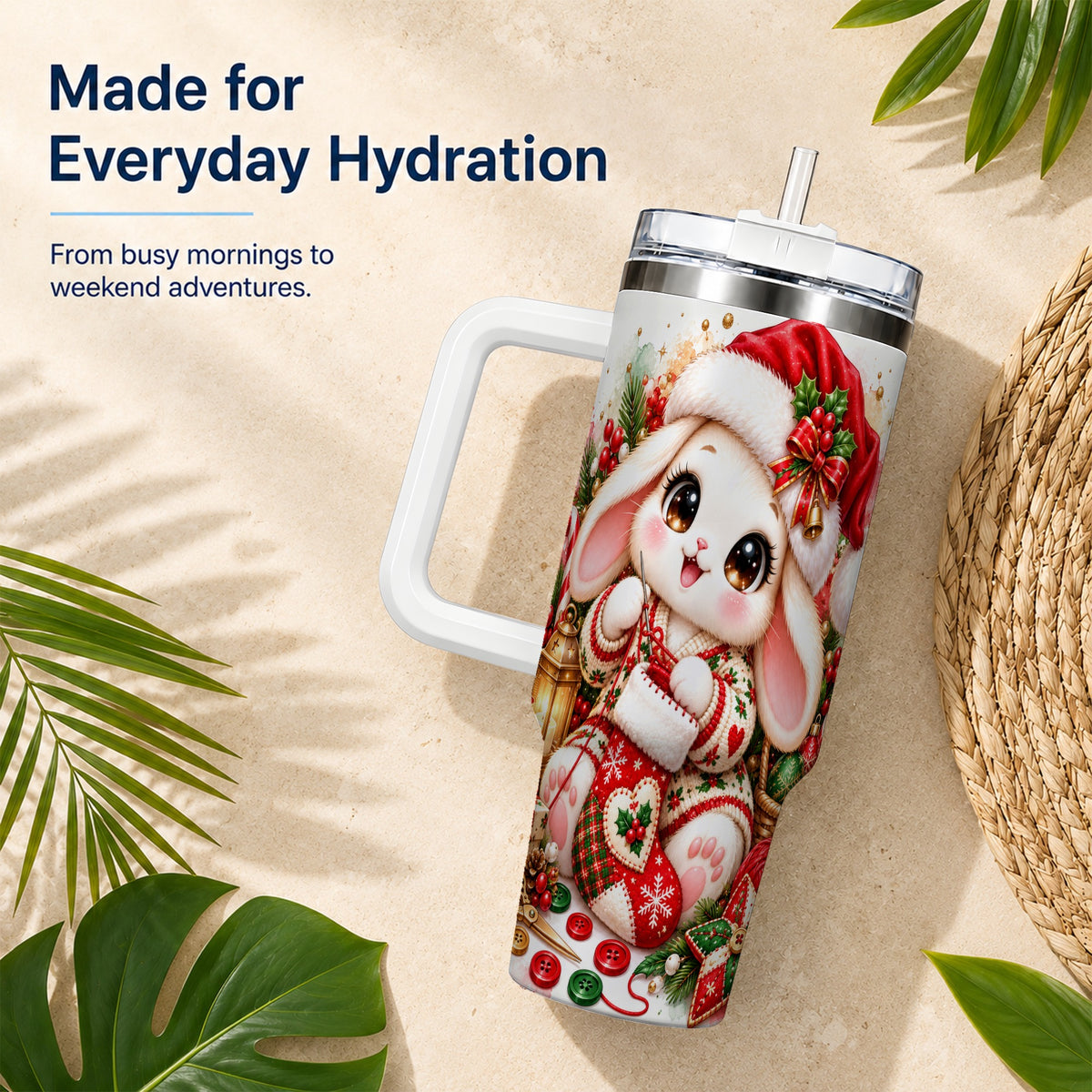 Christmas Bunny 40oz Tumbler with Handle, Knitting Rabbit Artwork