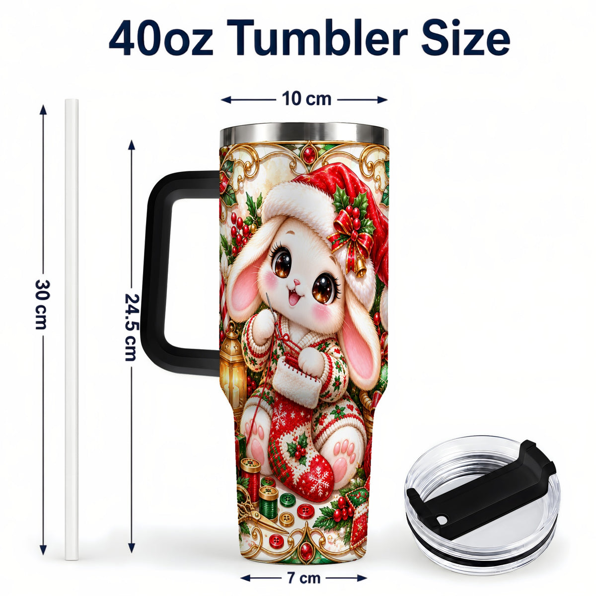 #pl[40oz|Black] Christmas Bunny 40oz Tumbler with Handle, Holiday Rabbit Drinkware