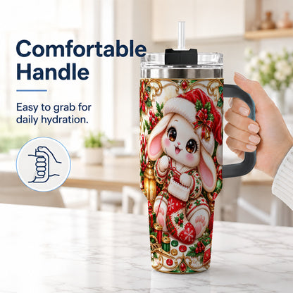 #pl[40oz|Black] Christmas Bunny 40oz Tumbler with Handle, Holiday Rabbit Drinkware