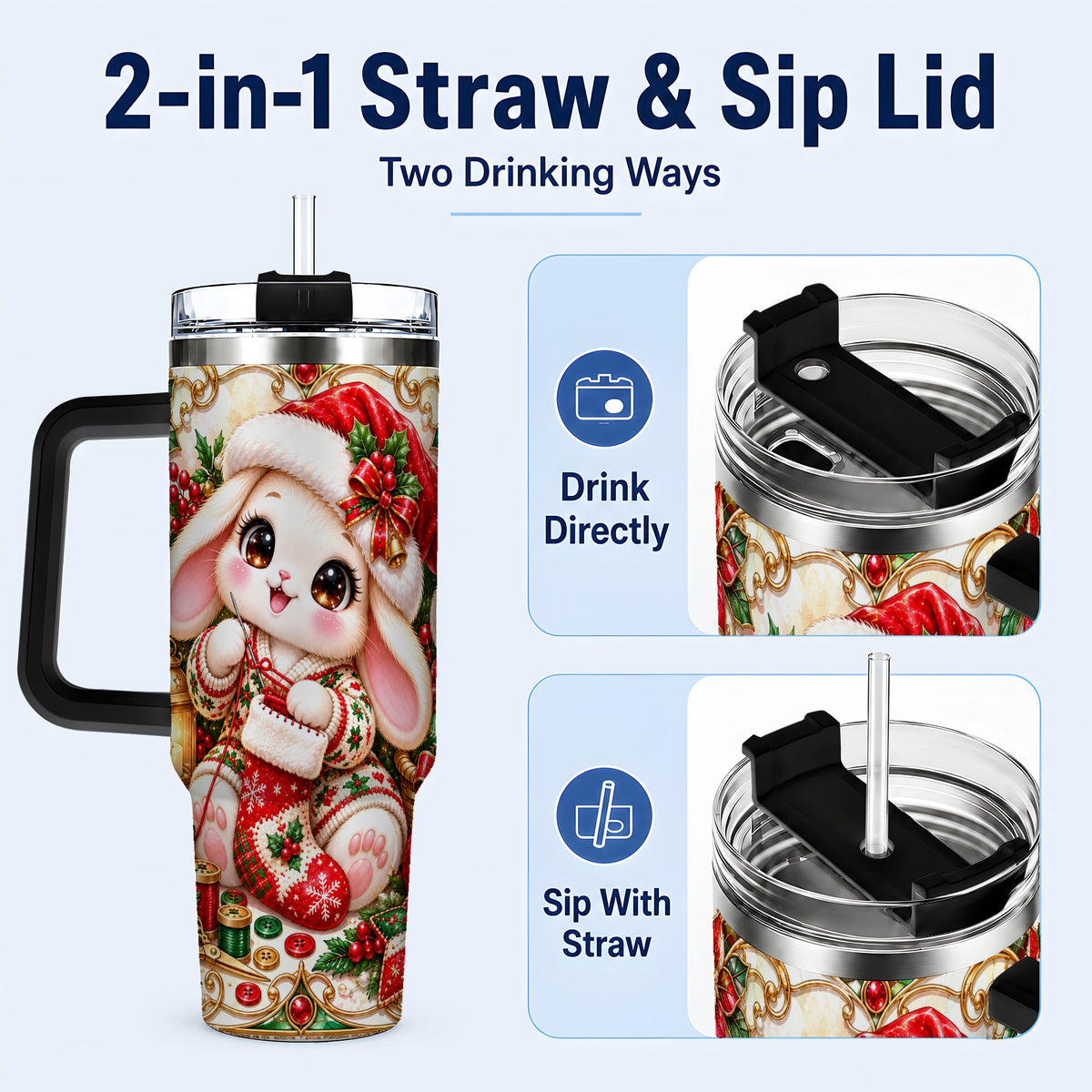 #pl[40oz|Black] Christmas Bunny 40oz Tumbler with Handle, Holiday Rabbit Drinkware