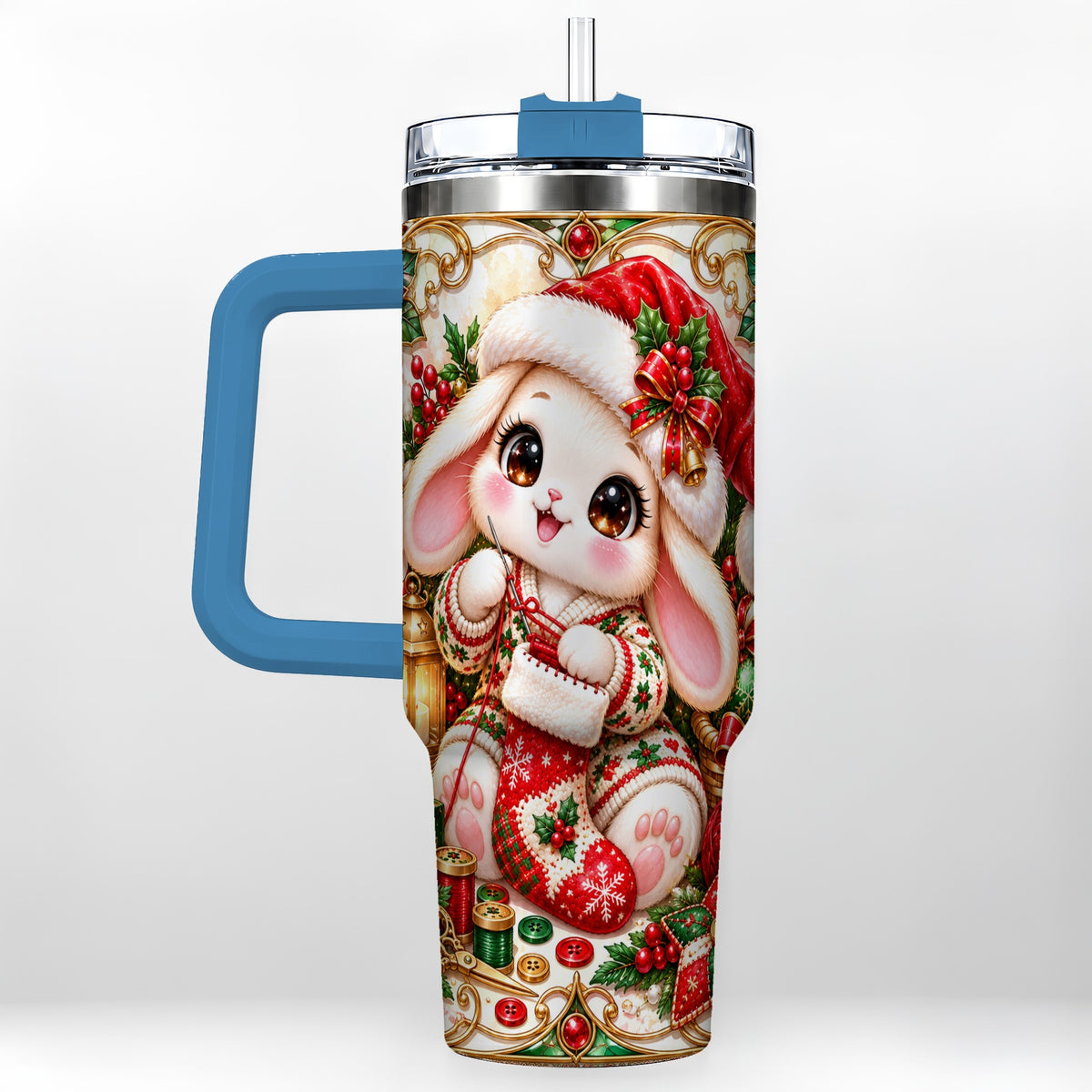 #pl[40oz|Blue] Christmas Bunny 40oz Tumbler with Handle, Holiday Rabbit Drinkware
