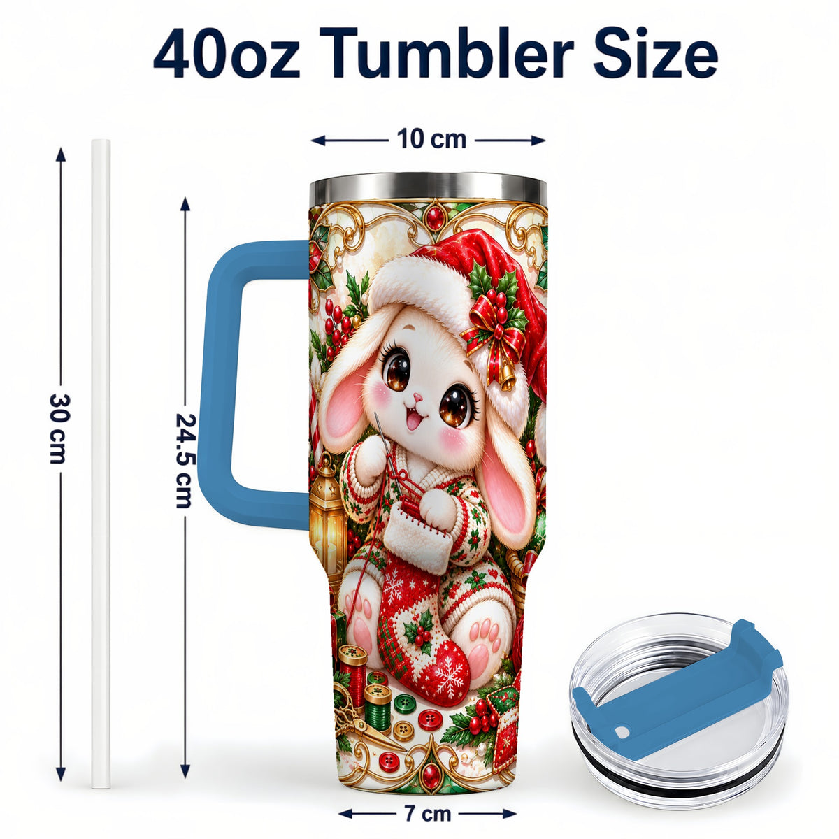 #pl[40oz|Blue] Christmas Bunny 40oz Tumbler with Handle, Holiday Rabbit Drinkware