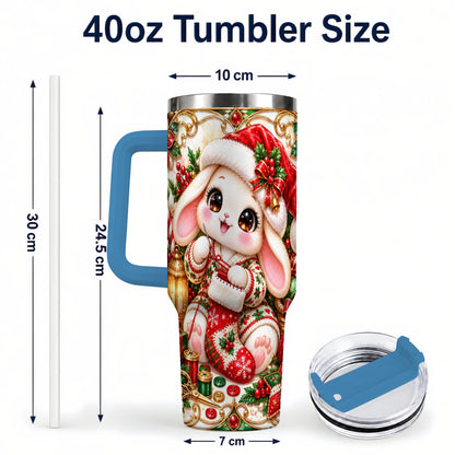 #pl[40oz|Blue] Christmas Bunny 40oz Tumbler with Handle, Holiday Rabbit Drinkware