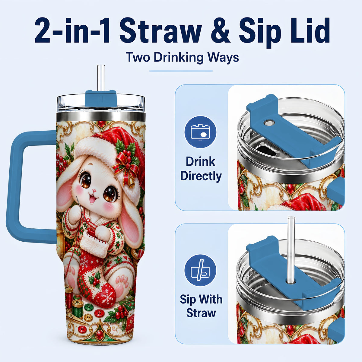 #pl[40oz|Blue] Christmas Bunny 40oz Tumbler with Handle, Holiday Rabbit Drinkware