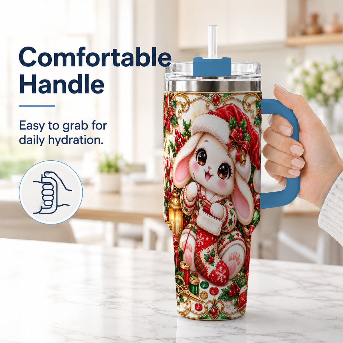 #pl[40oz|Blue] Christmas Bunny 40oz Tumbler with Handle, Holiday Rabbit Drinkware