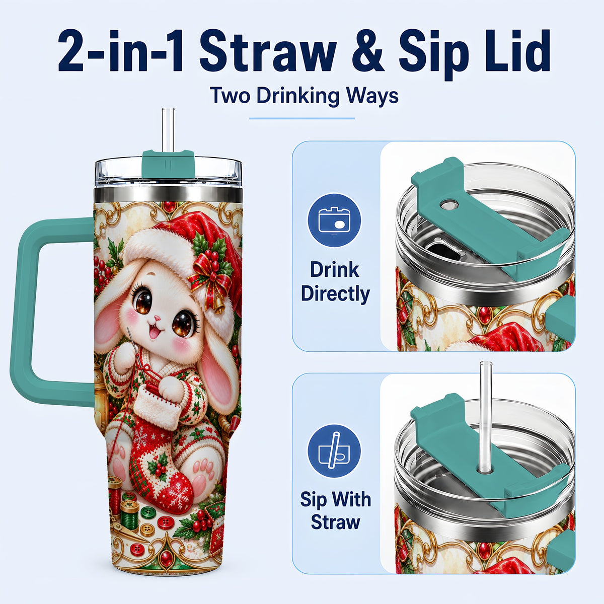 #pl[40oz|Green] Christmas Bunny 40oz Tumbler with Handle, Holiday Rabbit Drinkware