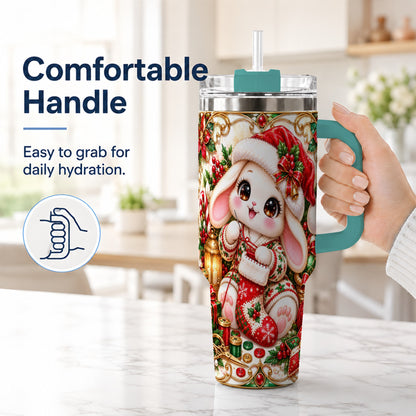 #pl[40oz|Green] Christmas Bunny 40oz Tumbler with Handle, Holiday Rabbit Drinkware