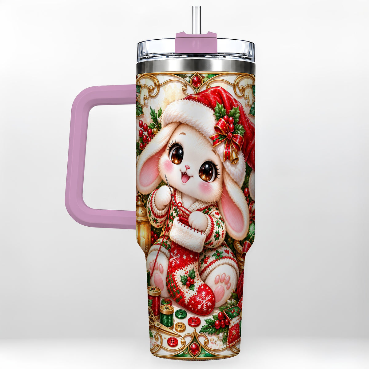 #pl[40oz|Pink] Christmas Bunny 40oz Tumbler with Handle, Holiday Rabbit Drinkware