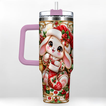 #pl[40oz|Pink] Christmas Bunny 40oz Tumbler with Handle, Holiday Rabbit Drinkware