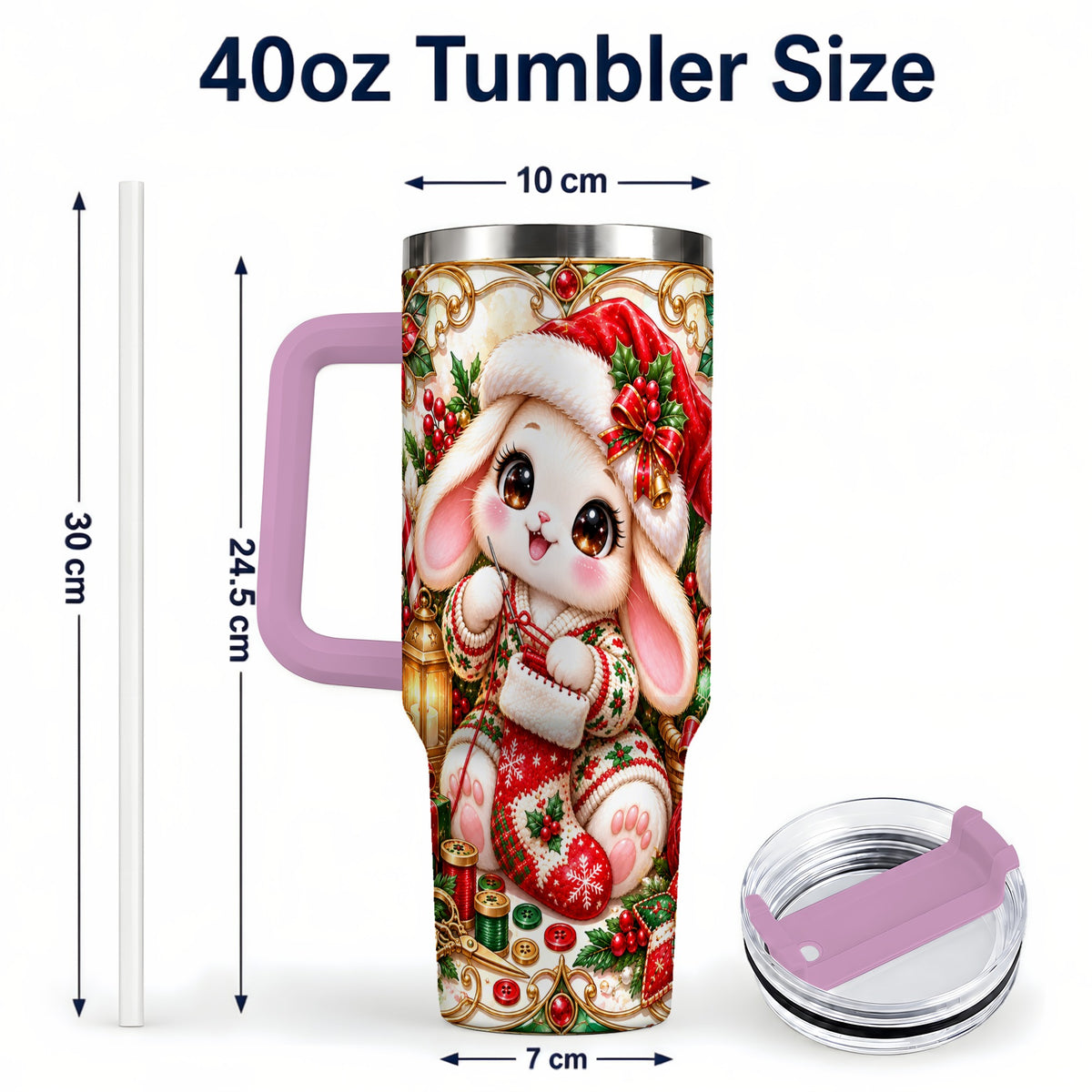 #pl[40oz|Pink] Christmas Bunny 40oz Tumbler with Handle, Holiday Rabbit Drinkware