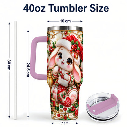 #pl[40oz|Pink] Christmas Bunny 40oz Tumbler with Handle, Holiday Rabbit Drinkware