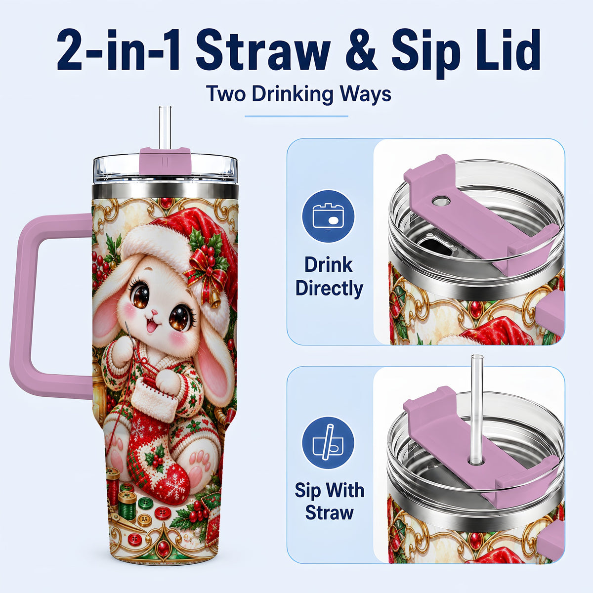 #pl[40oz|Pink] Christmas Bunny 40oz Tumbler with Handle, Holiday Rabbit Drinkware