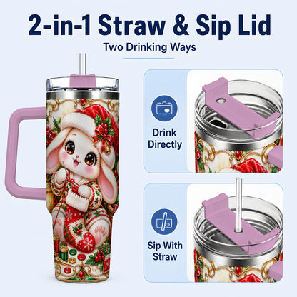 #pl[40oz|Pink] Christmas Bunny 40oz Tumbler with Handle, Holiday Rabbit Drinkware
