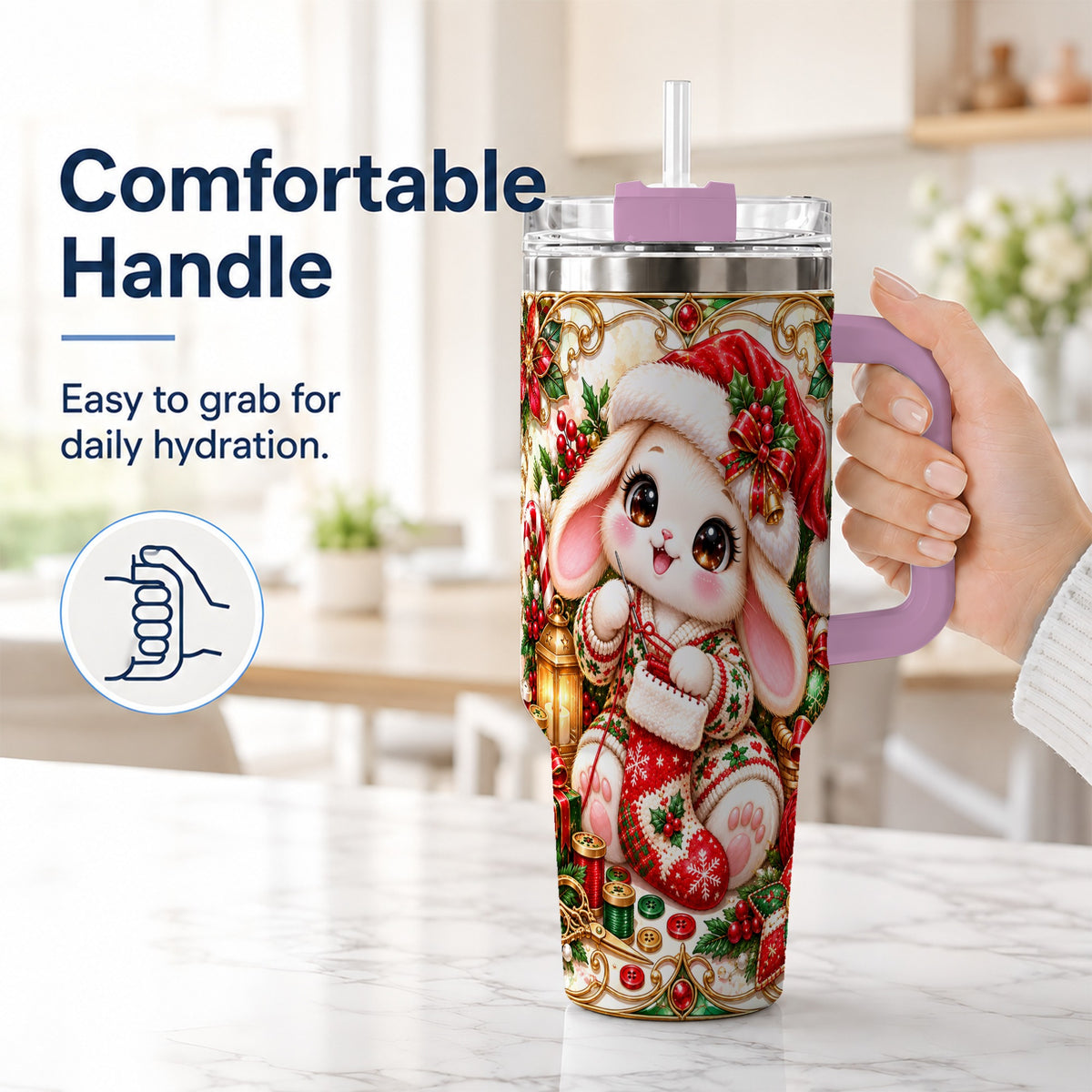 #pl[40oz|Pink] Christmas Bunny 40oz Tumbler with Handle, Holiday Rabbit Drinkware