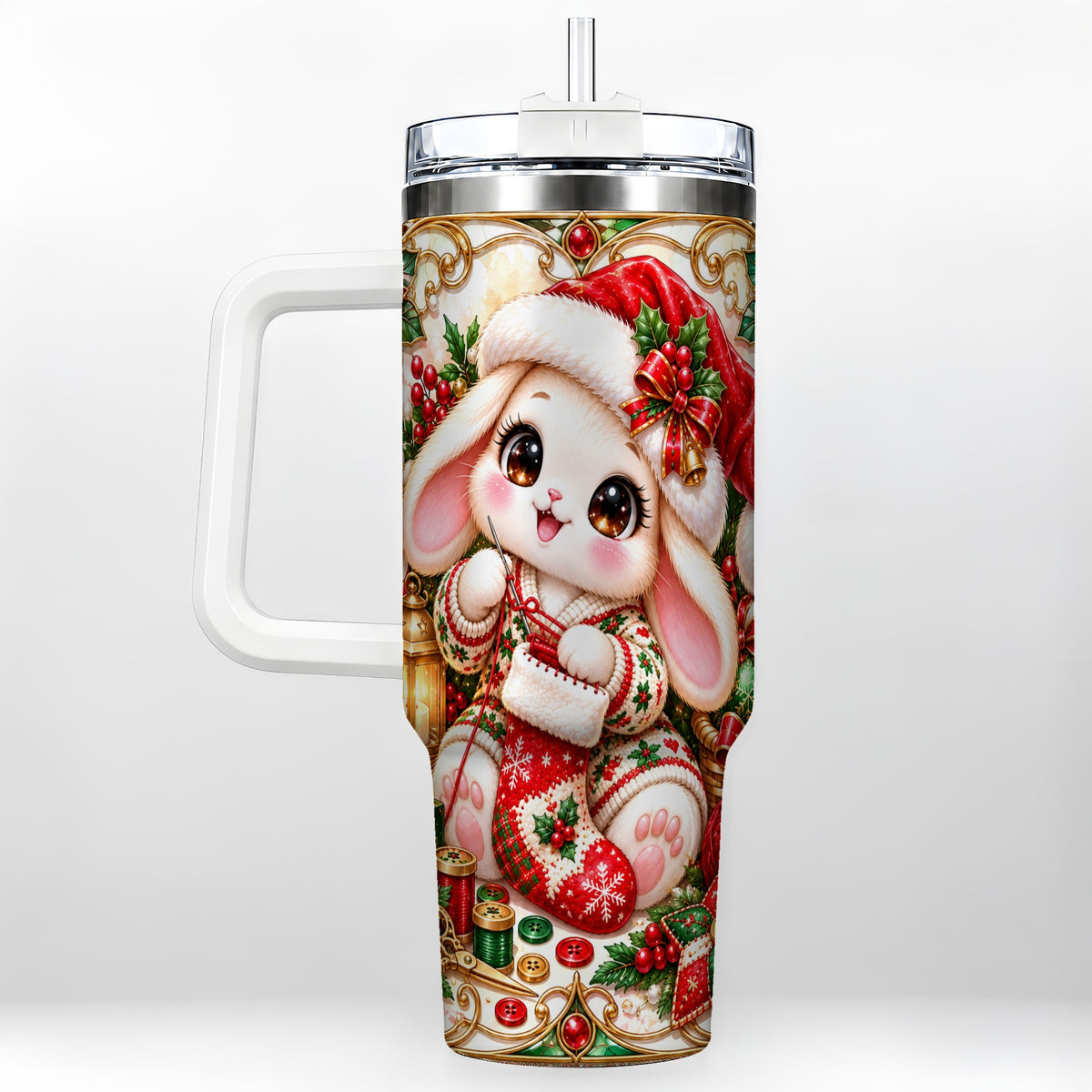Christmas Bunny 40oz Tumbler with Handle, Holiday Rabbit Drinkware