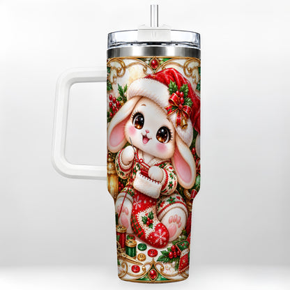 Christmas Bunny 40oz Tumbler with Handle, Holiday Rabbit Drinkware